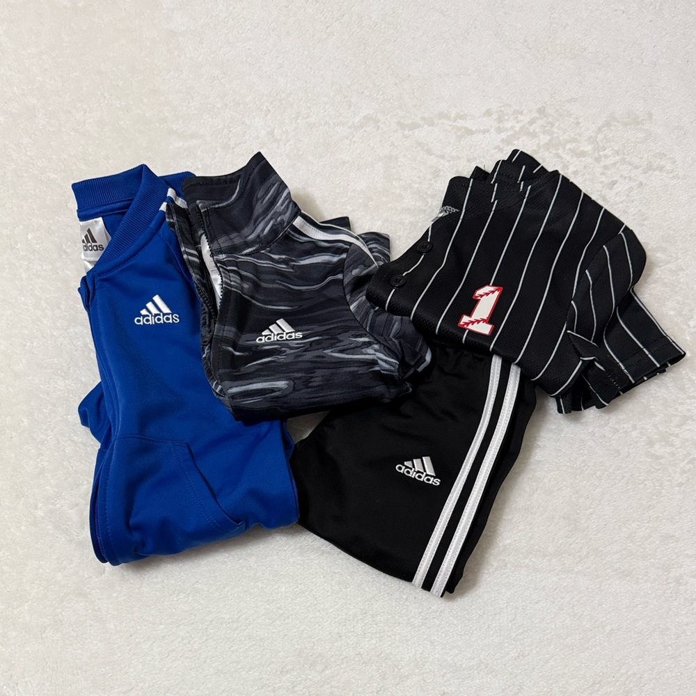 NWOT 3 piece Adidas Baby Bundle. Size 12 months! Free Gift! Pin Stripe 1 Jersey!